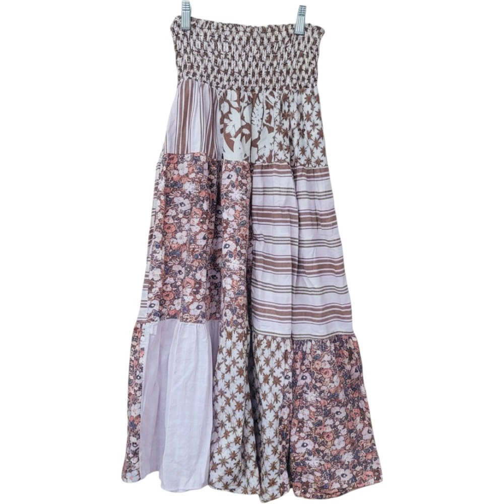 Boho Patchwork Smocked Midi Skirt Cottagecore Peasant Shabby Chic Pockets Small